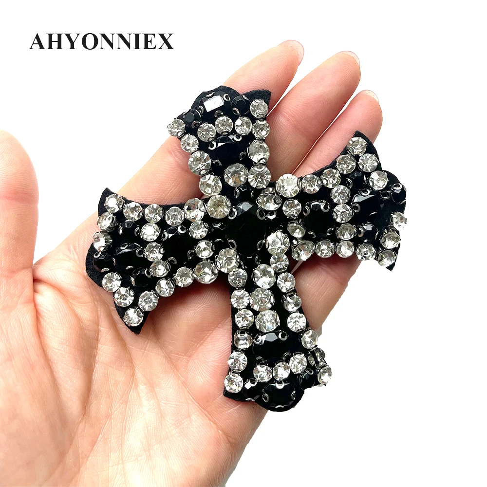 Promotion !! Handmade Rhinestone Beaded Patches Black Cross Sew On Patch for Clothes Beads Jacket DIY Applique