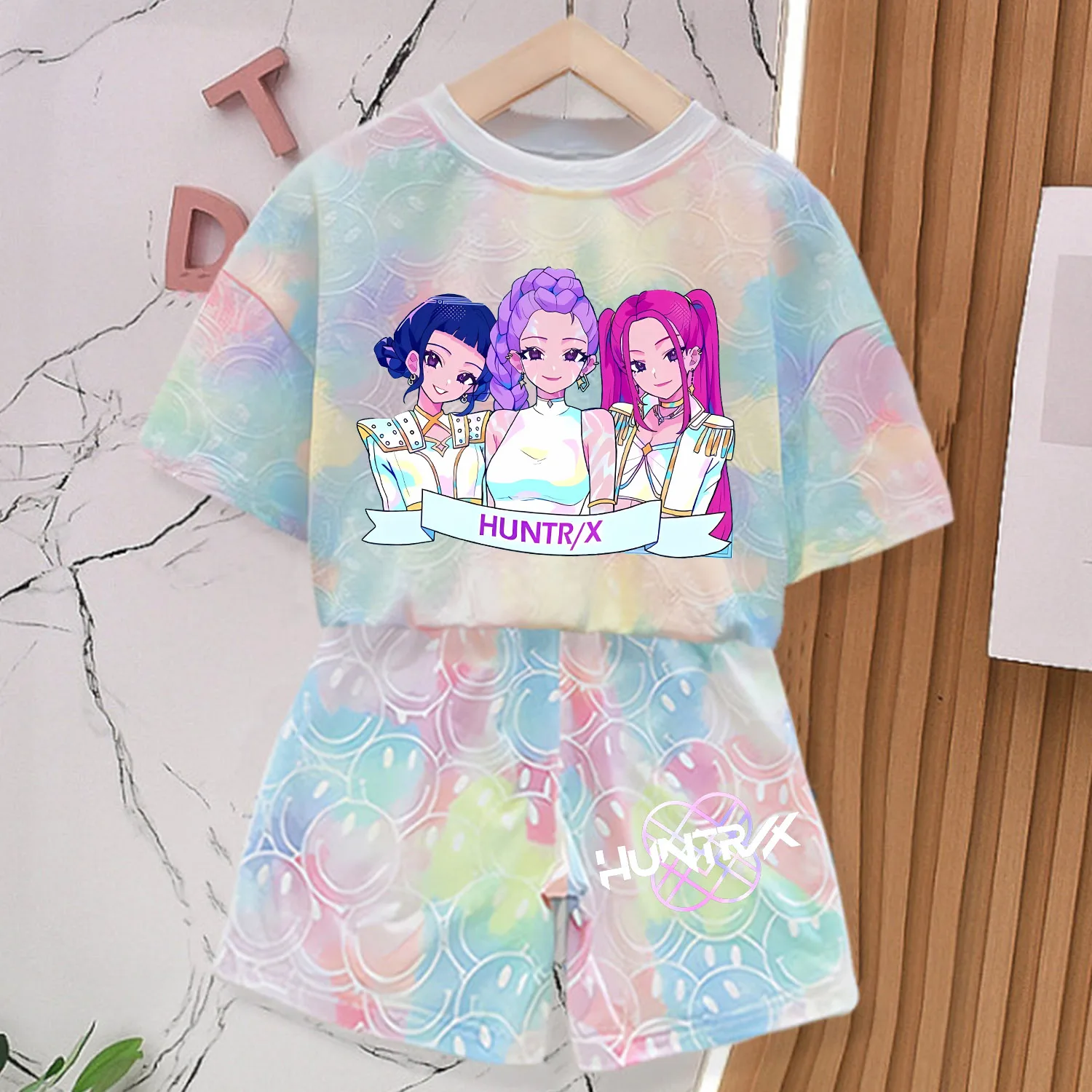 Color: Brown, Size: 3" - KPop Demon Hunters New T-shirt Pants Set Girls Summer Clothing Kawaii Smile Face Short Sleeve Outfits Kids Tee Top Pajamas Gift