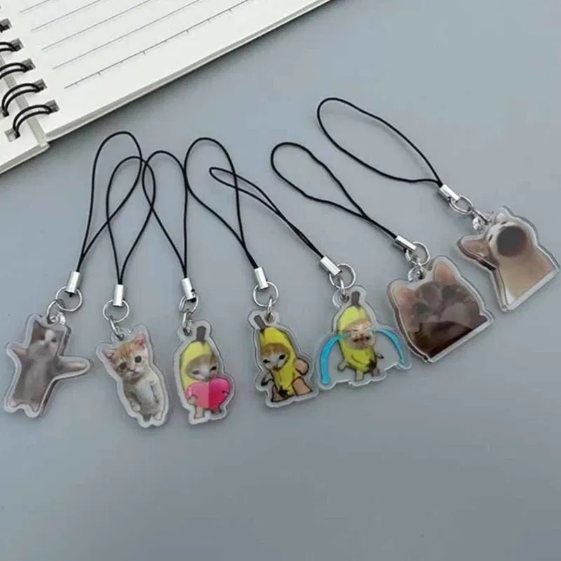 Color: WHITE - Banana Cat Keychain for Students Funny Pendant Lanyard Decorations Cat Charm Phone Chain Anti-lost Strap Decors