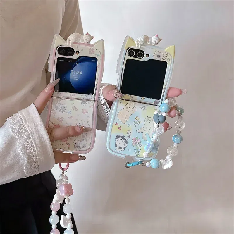 Color: Ivory, Material: EVA - 3D Flower Cat Bracelet Phone Case For Samsung Galaxy Z Flip 7 FE 6 5 4 3 ZFlip6 Z Flip6 ZFlip 6 Cat Ears Shockproof Cover