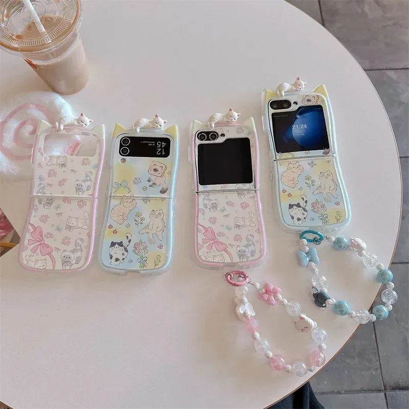 Color: Ivory, Material: EVA - 3D Flower Cat Bracelet Phone Case For Samsung Galaxy Z Flip 7 FE 6 5 4 3 ZFlip6 Z Flip6 ZFlip 6 Cat Ears Shockproof Cover