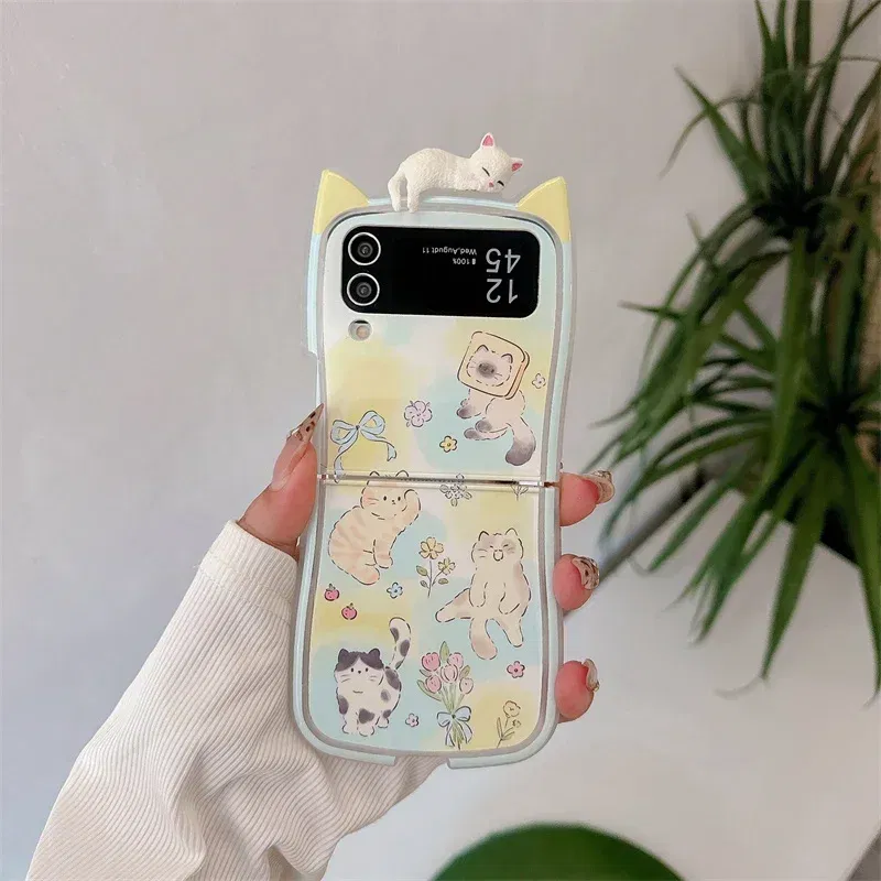 Color: Ivory, Material: EVA - 3D Flower Cat Bracelet Phone Case For Samsung Galaxy Z Flip 7 FE 6 5 4 3 ZFlip6 Z Flip6 ZFlip 6 Cat Ears Shockproof Cover
