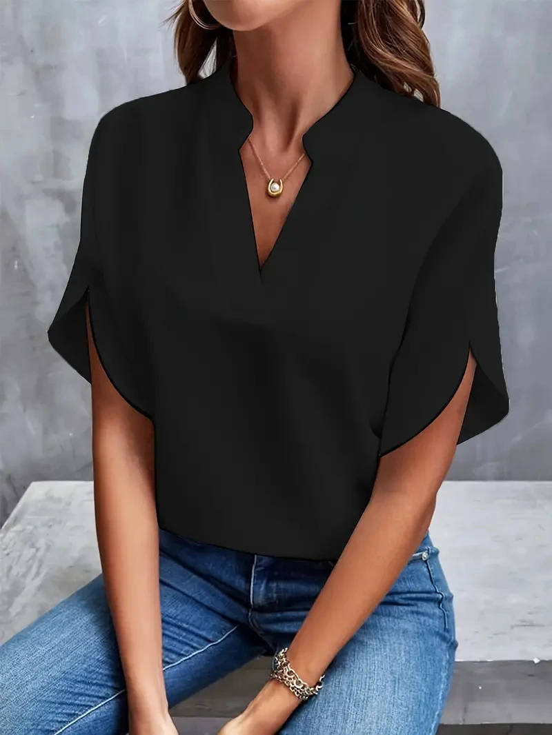 Color: WHITE, Size: XL - Women Elegant Solid Chiffon Blouse Spring Summer Casual Long Sleeve V Neck Loose Shirt Office Lady Tunics Oversized Tops 2024