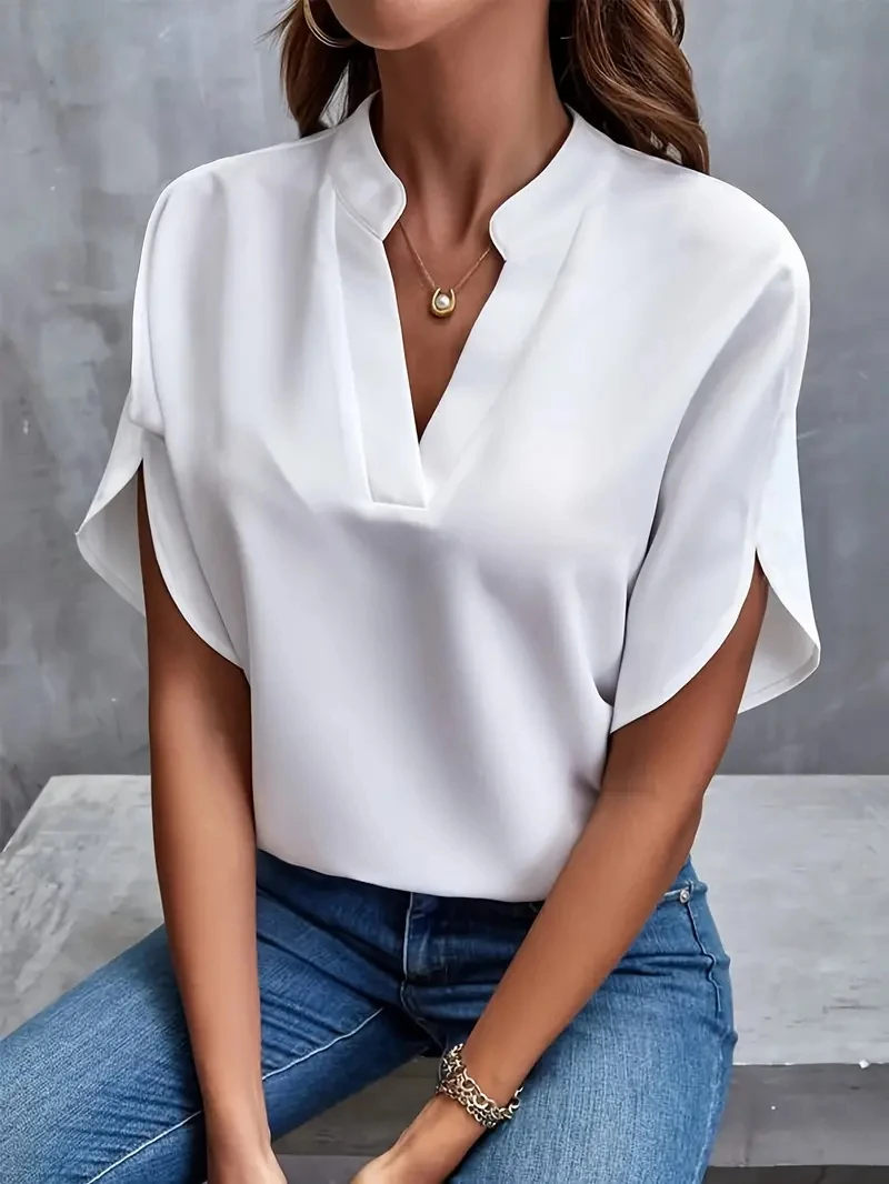 Color: WHITE, Size: XL - Women Elegant Solid Chiffon Blouse Spring Summer Casual Long Sleeve V Neck Loose Shirt Office Lady Tunics Oversized Tops 2024