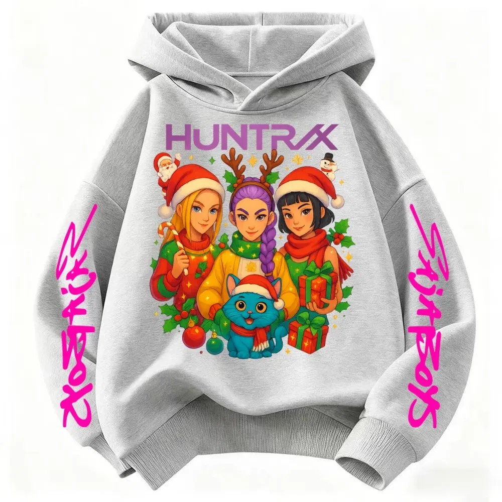 Color: GRAY, Kid Size: 3T - KPop Demon Hunters Christmas Hoodie Girls Fashion Casual Sweatshirt Movie Kids K-Pop Demon Hunters Hooded Tops