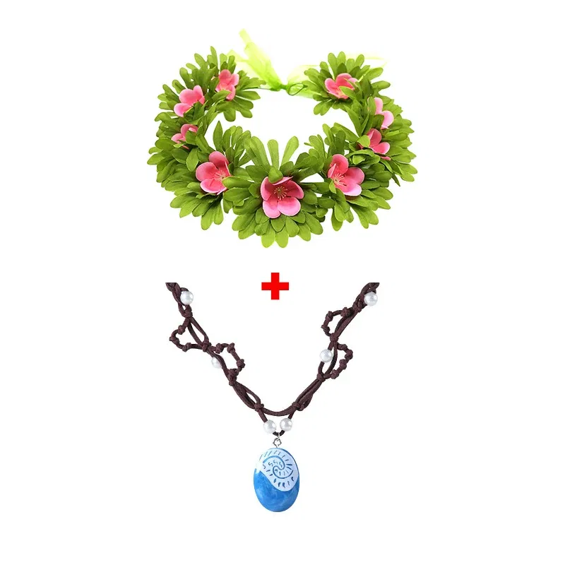 Color: Pink - Gilrs New Movie Moana 1&2 Wig and Necklace Flower Clip Dress Up Set Vaiana Costume Accessories Moana Pet Pig and Cock Xmas Gift