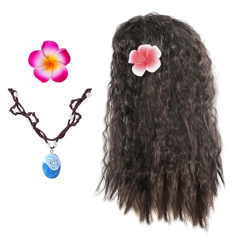 Color: Pink - Gilrs New Movie Moana 1&2 Wig and Necklace Flower Clip Dress Up Set Vaiana Costume Accessories Moana Pet Pig and Cock Xmas Gift