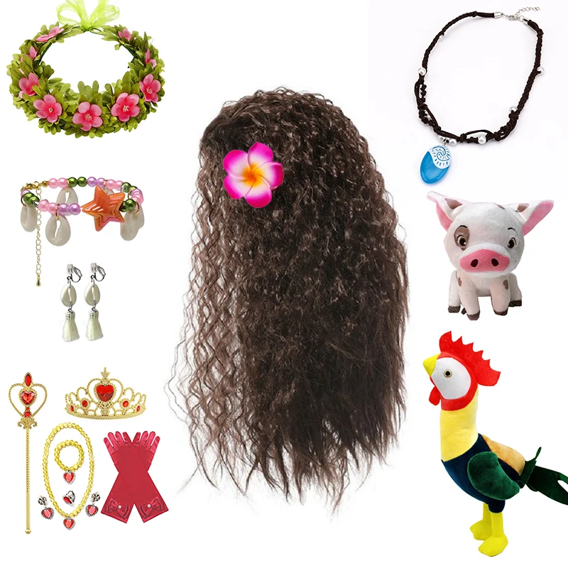 Color: Pink - Gilrs New Movie Moana 1&2 Wig and Necklace Flower Clip Dress Up Set Vaiana Costume Accessories Moana Pet Pig and Cock Xmas Gift