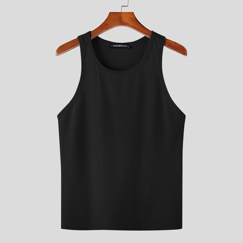 Color: black, Size: 5XL - INCERUN Men Tank Tops Solid Color O-neck Sleeveless Streetwear Summer Casual Vests Skinny 2023 Fashion Leisure Men Clothing 5XL
