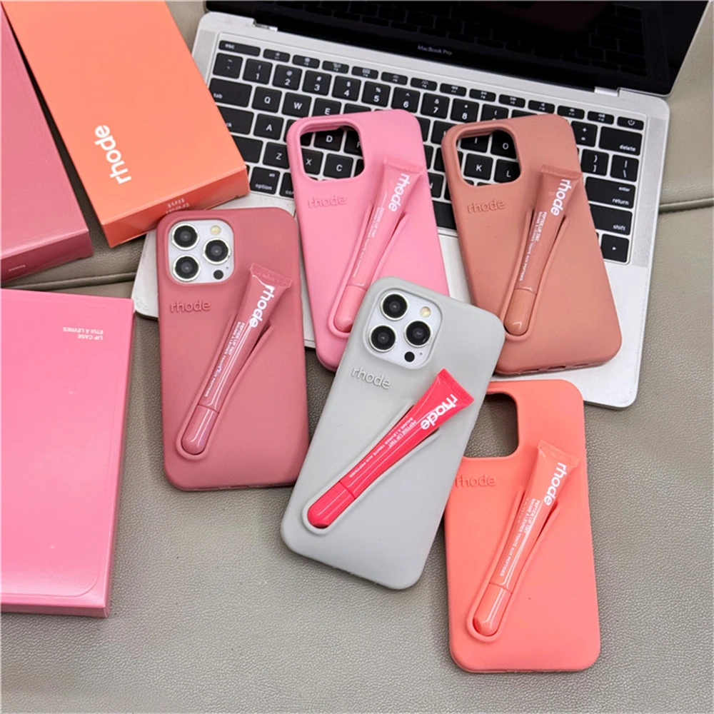 Color: Salmon Pink, Compatible-Phone Models: For iPhone 12 - New Rhode Lipstick Soft Silicone Phone Case for iPhone 16 15 14 13 12 11 Pro Max Plus Portable Lip Gloss Holder Cover with Box
