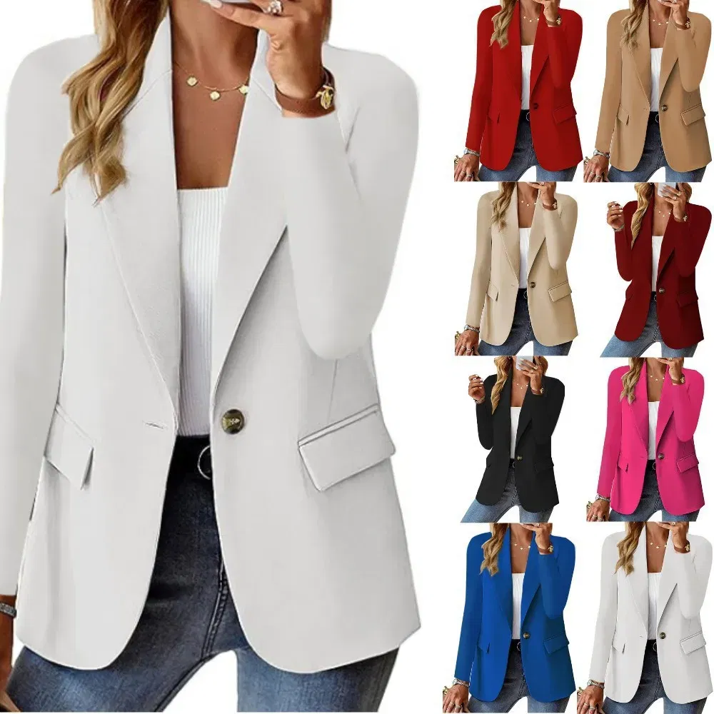 Color: Beige, Size: L - Womens Spring Winter Down Full Long Sleeve Coat Autumn Blazer Button Outwear Suit Cardigan Female