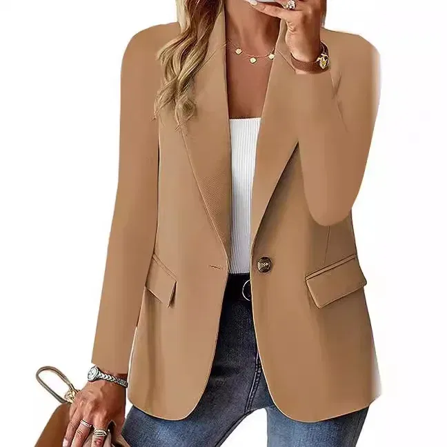 Color: Beige, Size: L - Womens Spring Winter Down Full Long Sleeve Coat Autumn Blazer Button Outwear Suit Cardigan Female