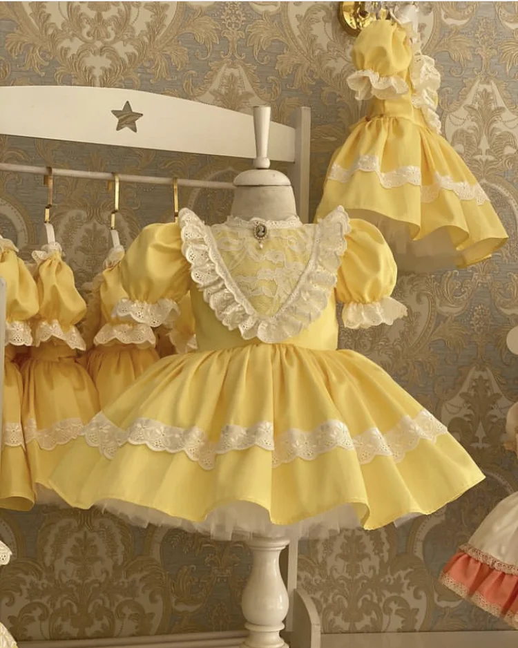 Kid Size: 5 - 0-12Y Girl Summer Turkish Vintage Princess Yellow Dress for Easter Eid Birthday Photography B187