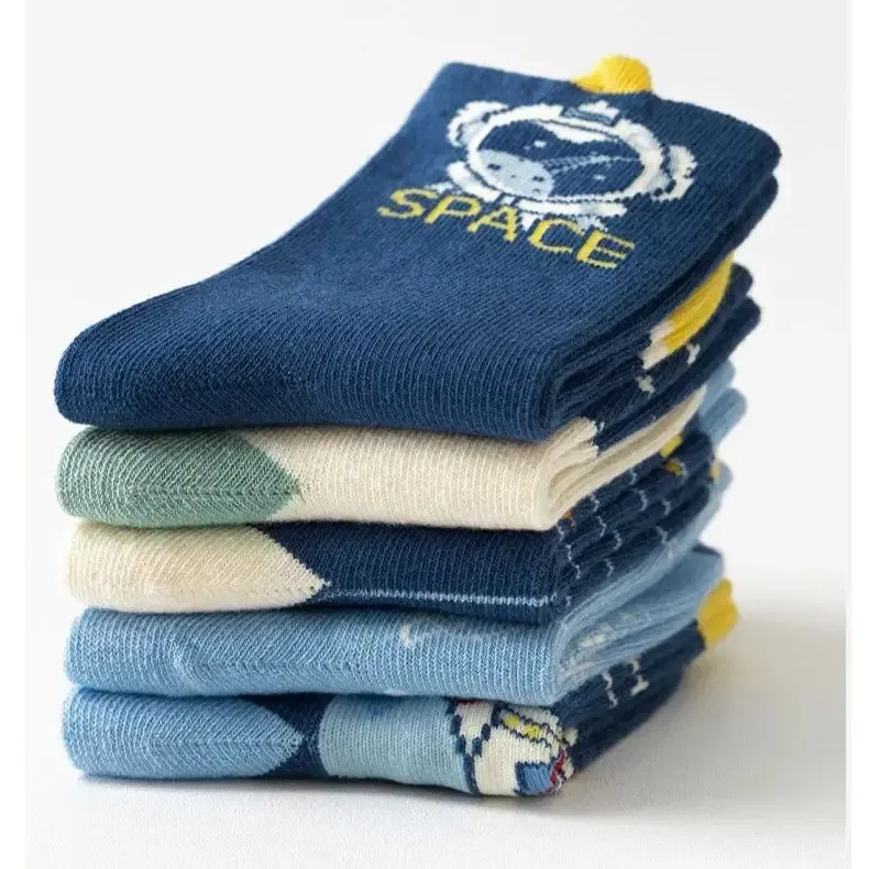 Color: black, Size: 2-3T - 5 Pairs Socks Boys' Cartoon Astronaut Pattern Cotton Socks Children's Spring Autumn Calf Socks Baby Girls Socks