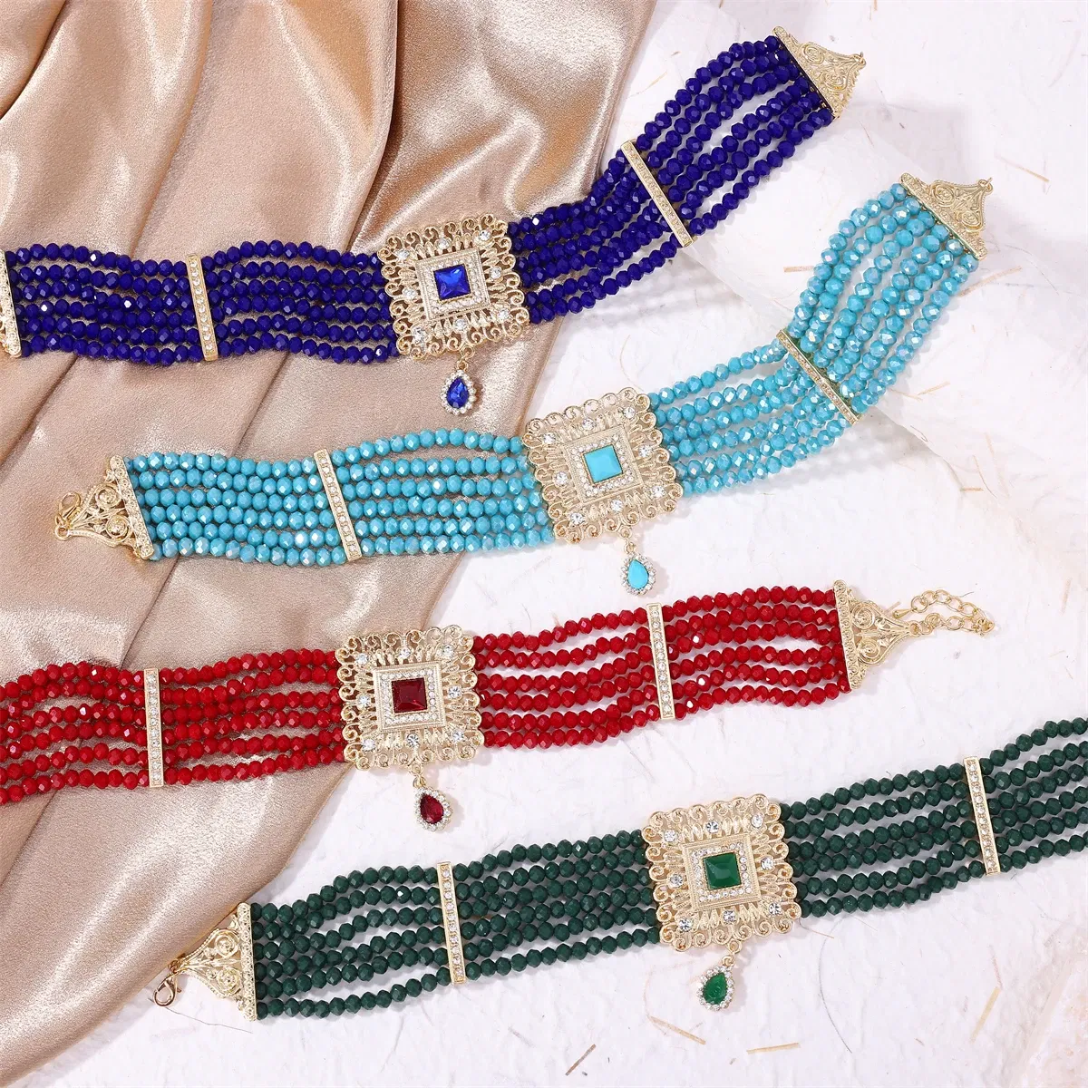 Metal color: SILVER PLATED - Hand Beaded Necklaces Water Drop Pendants Beaded Necklaces For Arab Brides