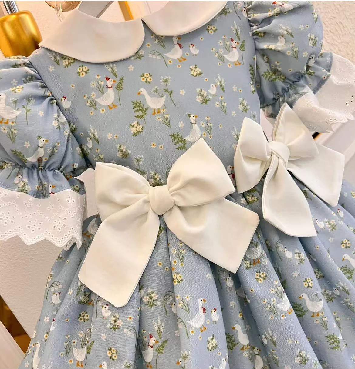 Kid Size: 7T - 0-12Y Baby Girl Summer Duck Floral Vintage Princess Blue Dress for Birthday Photography Holiday Eid Casual B405