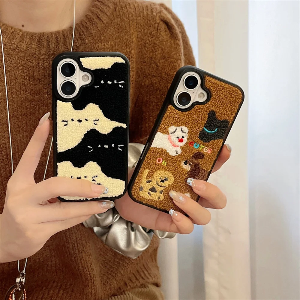Color: Beige, Material: PC - Luxury Cartoon Embroidery Cute Dog Cats Colorful Dots Phone Case For iPhone 13 14 15 16 Pro Max Plush Winter Shockproof Cover