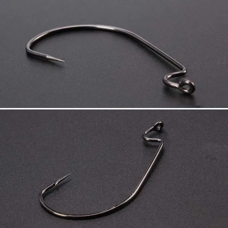 Color: Yellow - 100 pcs Wide Gap Worm Fishing Hooks Jig Crank Big Bass Hook Black High Carbon Steel Crank Barbed Hook for Soft Fishing Lure