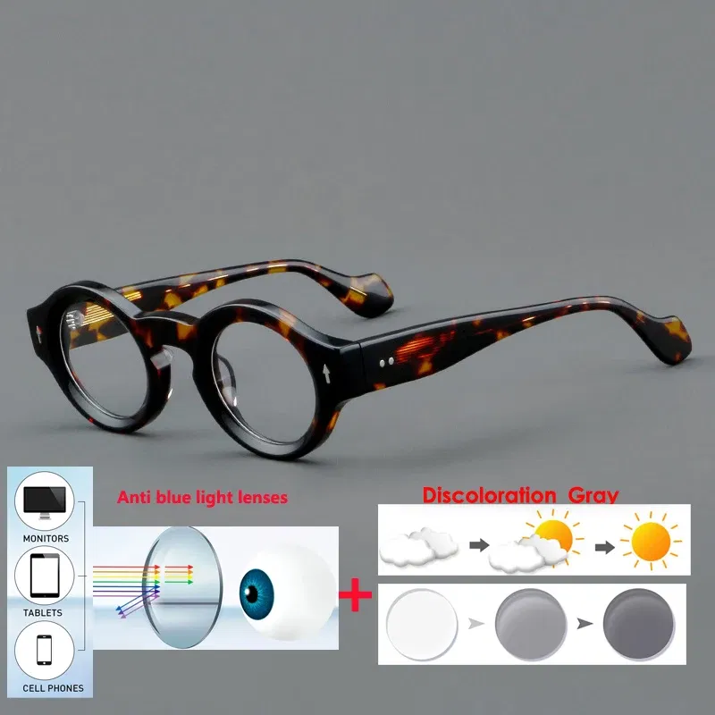 Frame Color: Yellow, Eye Prescription: +250 - VCKA Round Acetate Myopia Anti-blue Discolor Glasses Vintage Men Prescription Intensification Custom Optics Eyewear -0.50 to -10