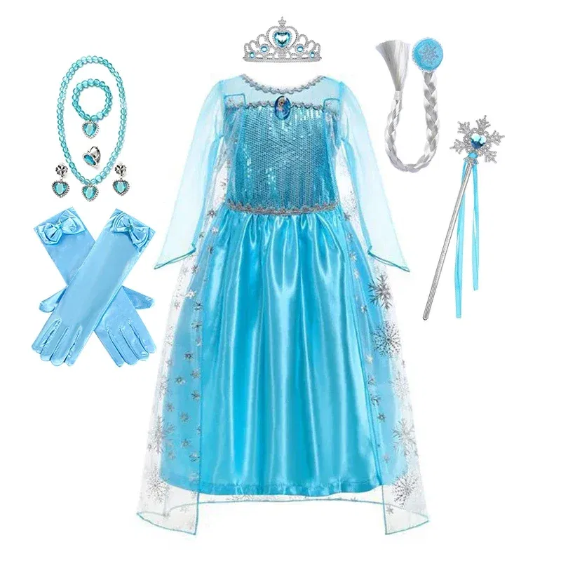 Color: green, Kid Size: 9 - Disney Girls Cospaly Snow Queen Elsa Costumes Kids Carnival Party Prom Gown Robe-Playing Children Clothes Frozen Princess Dress