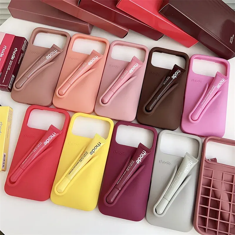 Material: Denim, Color: black, Bundle: Bundle1 - With Lipstick Phone Case for iPhone 17 13 14 15 16 17 Pro Max Plus 12 17 Air Silicone Lip Gloss Holder Hot INS Soft Cover Funda