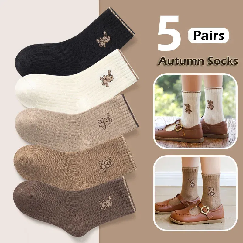 Color: Gold, Size: 2-3T - Autumn Socks Baby 5 Pairs Cartoon Bunny Pattern Socks Girls Calf Length Children Socks Solid Cotton Socks