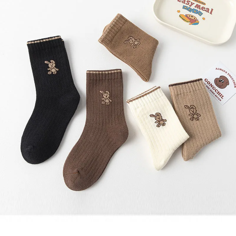 Color: Gold, Size: 2-3T - Autumn Socks Baby 5 Pairs Cartoon Bunny Pattern Socks Girls Calf Length Children Socks Solid Cotton Socks