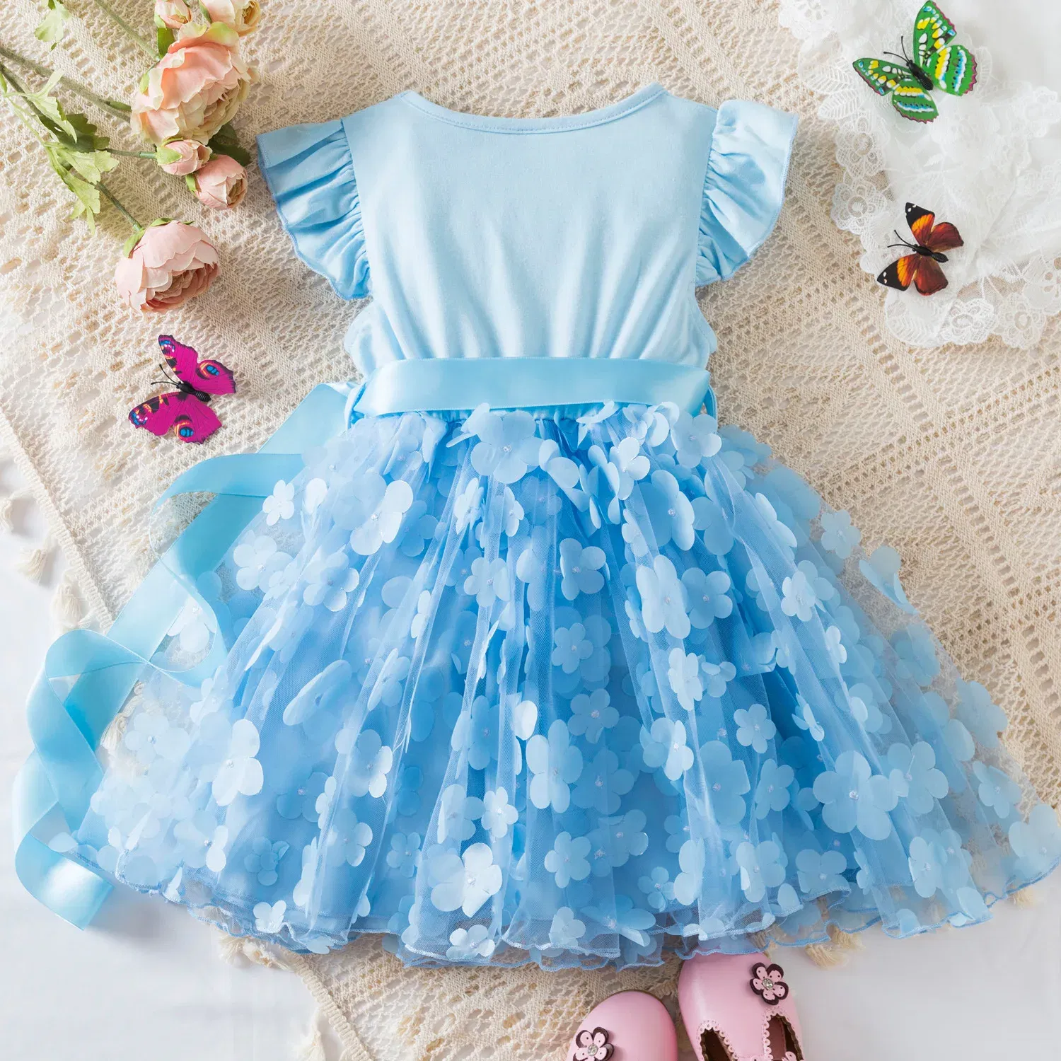Color: Pink, Size: M - 3D Butterfly Cute Lilo Stitch Summer Dress for Kid's Casual Clothes Baby Girls Beautiful Princess Dress Party Dresses 2-6 Yrs