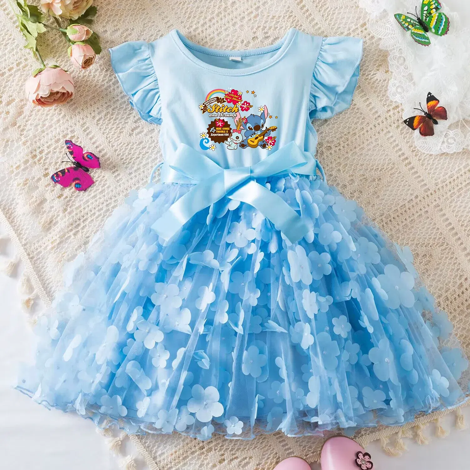 Color: Pink, Size: M - 3D Butterfly Cute Lilo Stitch Summer Dress for Kid's Casual Clothes Baby Girls Beautiful Princess Dress Party Dresses 2-6 Yrs