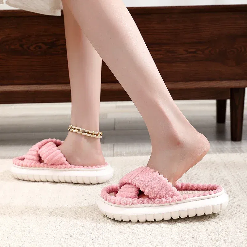 Color: Beige, Shoe Size: 4.5 - 2023 Autumn Winter New Women Home Slippers Open-Toe Cross Band Linen Soled Indoor Slides Linen Soled Non-Slip Bathroom Slippers