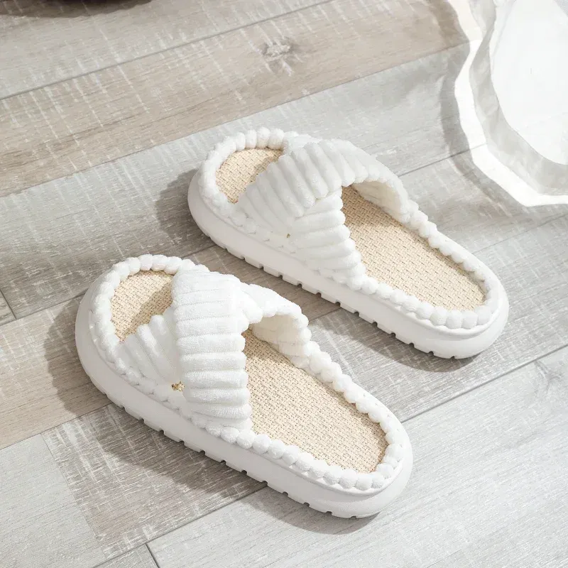 Color: Beige, Shoe Size: 4.5 - 2023 Autumn Winter New Women Home Slippers Open-Toe Cross Band Linen Soled Indoor Slides Linen Soled Non-Slip Bathroom Slippers