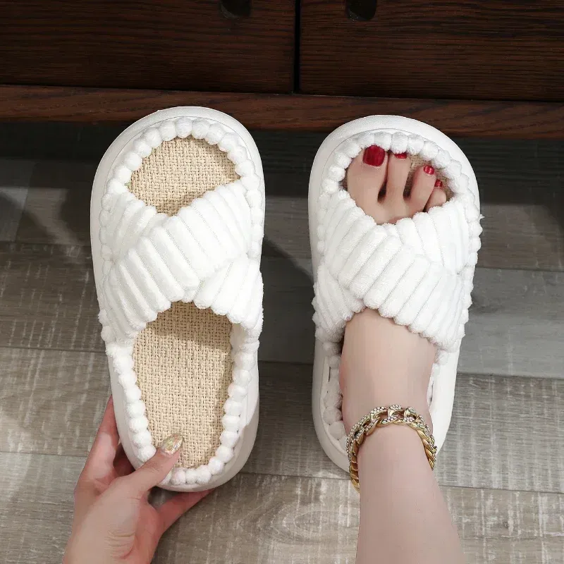 Color: Beige, Shoe Size: 4.5 - 2023 Autumn Winter New Women Home Slippers Open-Toe Cross Band Linen Soled Indoor Slides Linen Soled Non-Slip Bathroom Slippers