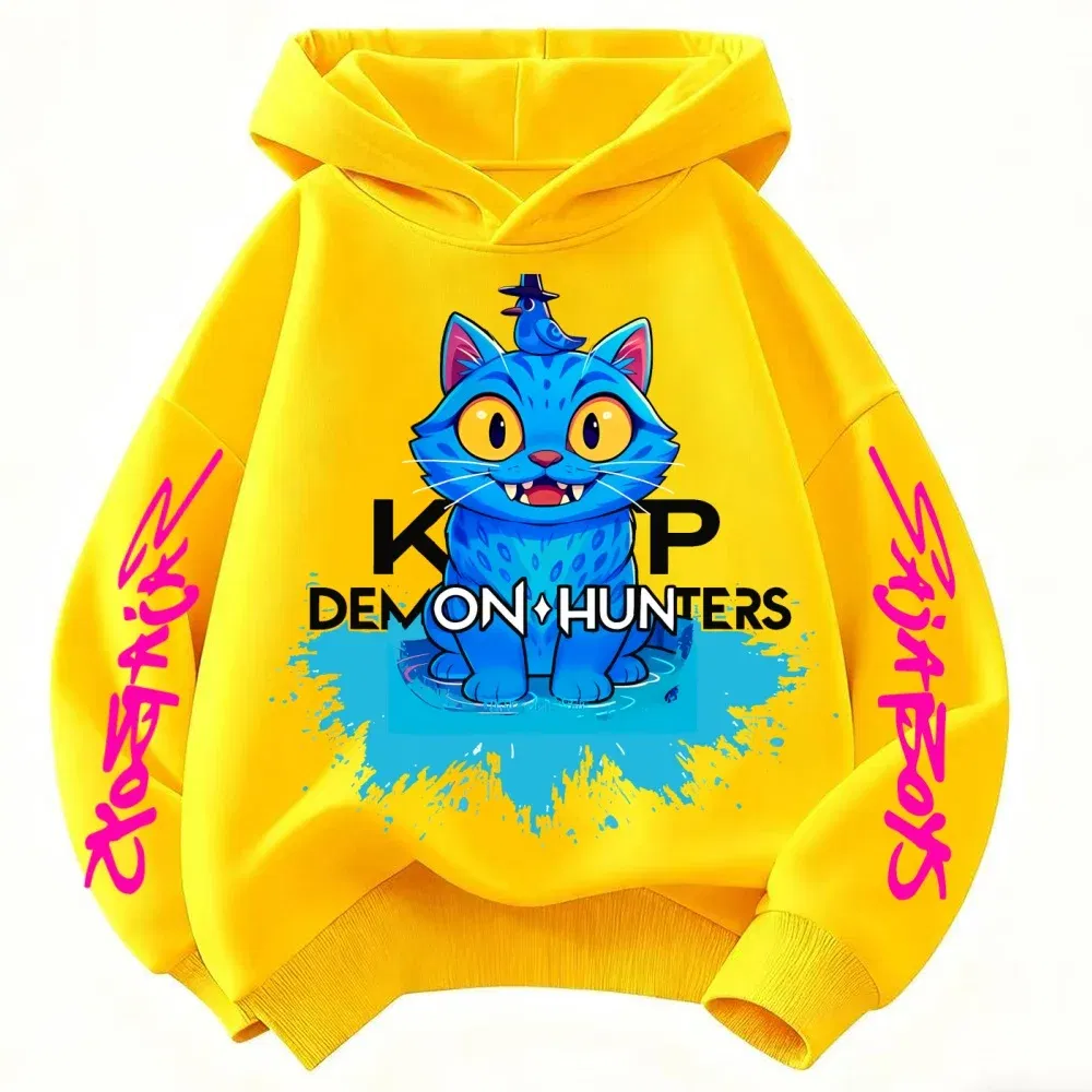 Color: Yellow, Kid Size: 3T - 2025 New Saja Boys Derpy KPop Demon Hunter Cartoon Boy Hooded Sweatshirt Warm Wave Fashion Casual Tops Casual Black Clothing