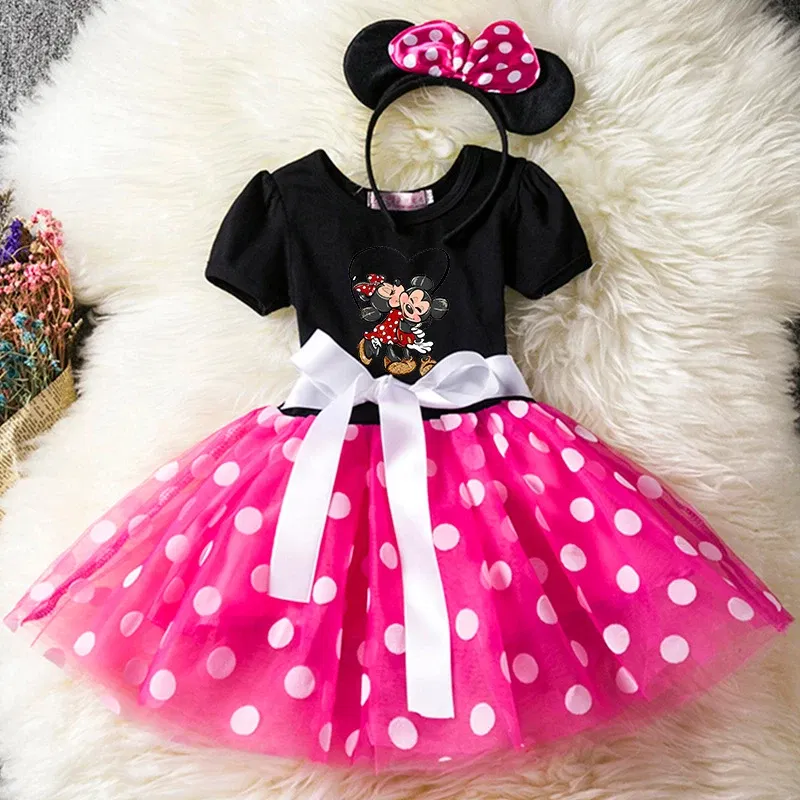 Color: green, Size: M - Mickey Minnie Mouse Cartoon Kids Short Sleeve Polka Dot Princess Dress Party Baby Girls Clothes Cosplay Costumes 1-6Y