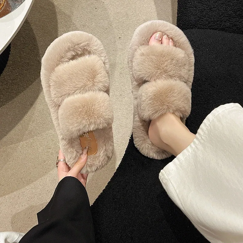 Color: Pink, Shoe Size: 36 - New Winter Open Toe Slipper Fur Thick Sole Flats Heel Ladies Casual Slip On Bedroom Shoes Soft Outdoor Fashion Fur Slippers