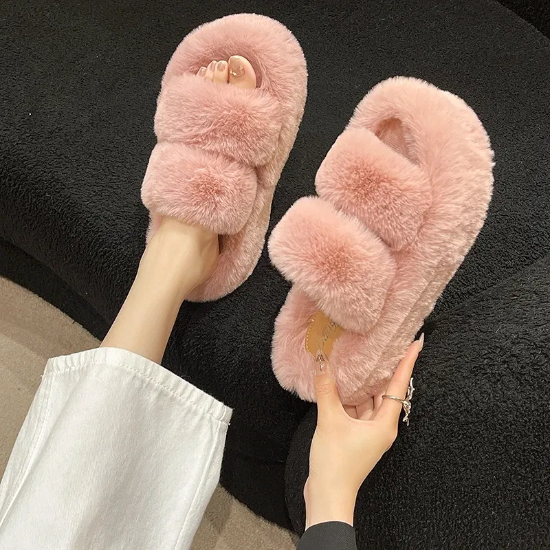 Color: Pink, Shoe Size: 36 - New Winter Open Toe Slipper Fur Thick Sole Flats Heel Ladies Casual Slip On Bedroom Shoes Soft Outdoor Fashion Fur Slippers