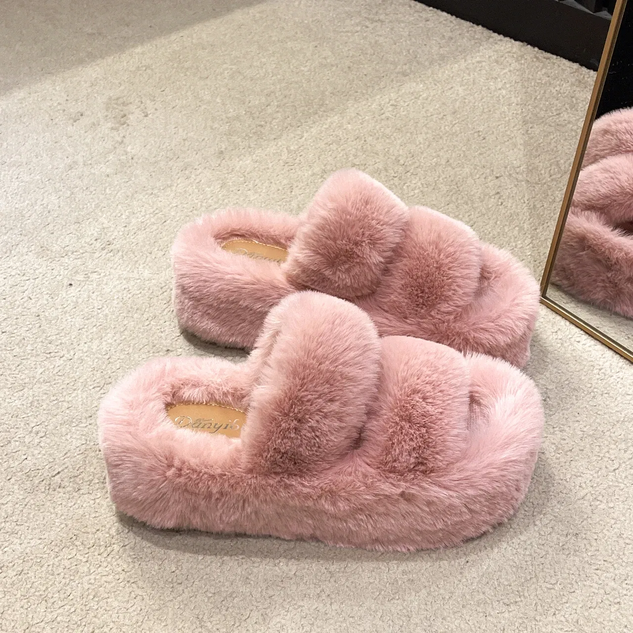 Color: Pink, Shoe Size: 36 - New Winter Open Toe Slipper Fur Thick Sole Flats Heel Ladies Casual Slip On Bedroom Shoes Soft Outdoor Fashion Fur Slippers