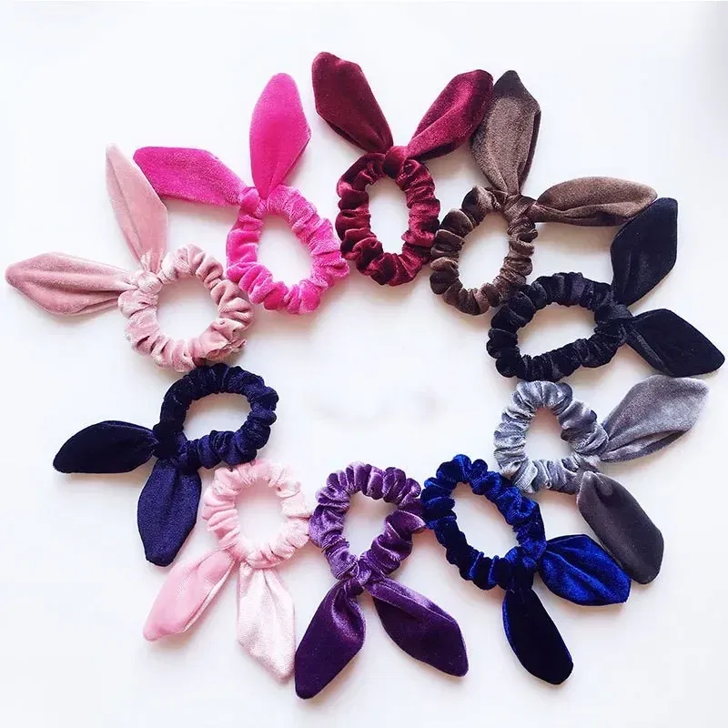 Color: Dark Grey - New Velvet Scrunchies Girls/Women velvet Bunny Ear Knot Bow Hair Bands Rabbit Ear Hair tie Ponytail Hair Accessories