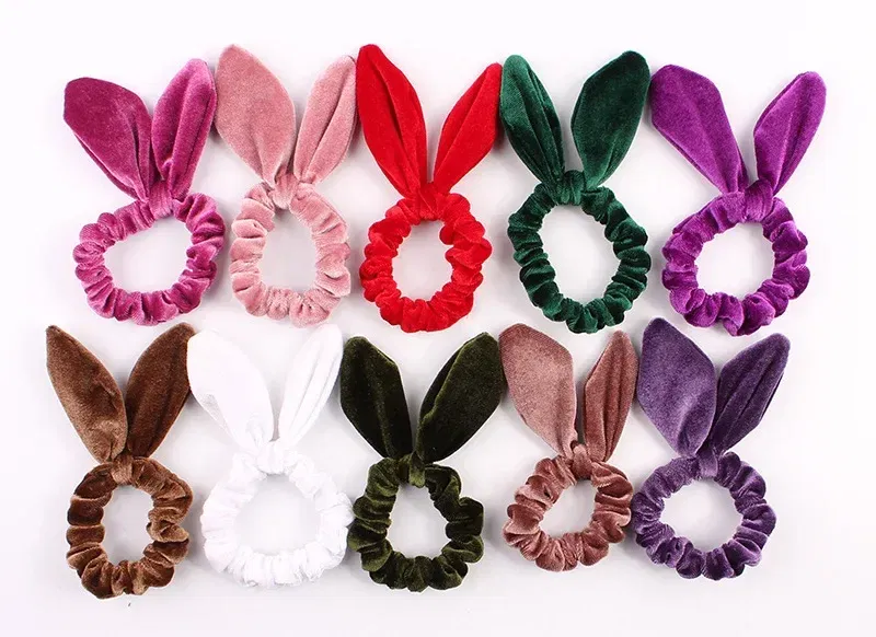 Color: Dark Grey - New Velvet Scrunchies Girls/Women velvet Bunny Ear Knot Bow Hair Bands Rabbit Ear Hair tie Ponytail Hair Accessories