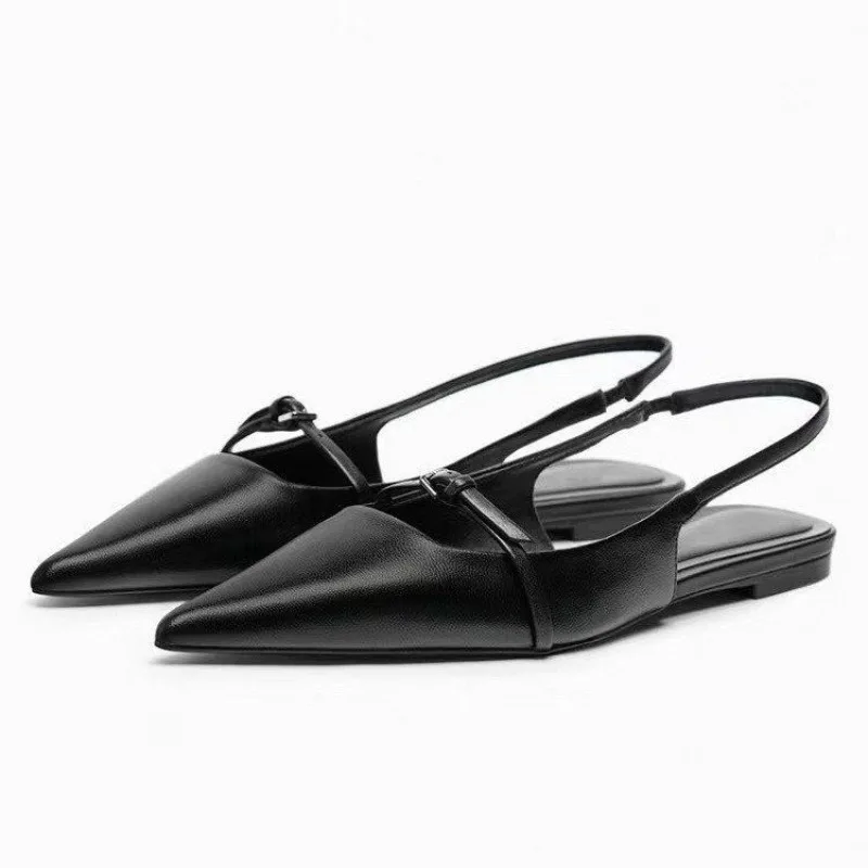 Color: black, Shoe Size: 38 - New Women Sandal Fashion Pointed Toe Shallow Mouth Non-slip  Ladies Elegant Slingback Shoes Flat Sandals