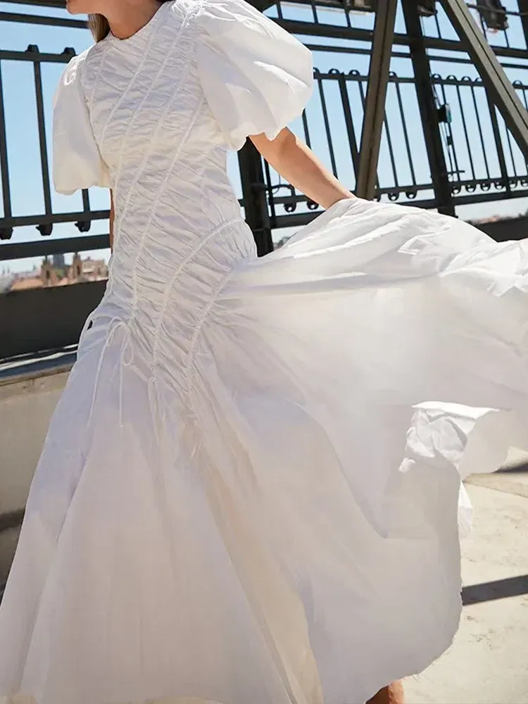 Color: Blue, Size: M - 2025 summer women's new round neck lantern short sleeve irregular stitching drawstring dress slim dinner temperament long dress