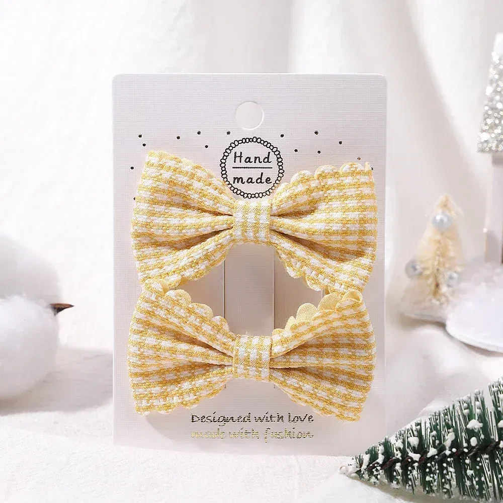 Color: DEEP BLUE - 2Pcs/Set Solid Color Kids Bows Hair Clips for Baby Girls Handmade Plaid Bowknot Hairpin Barrettes Photograph Hair Accessories