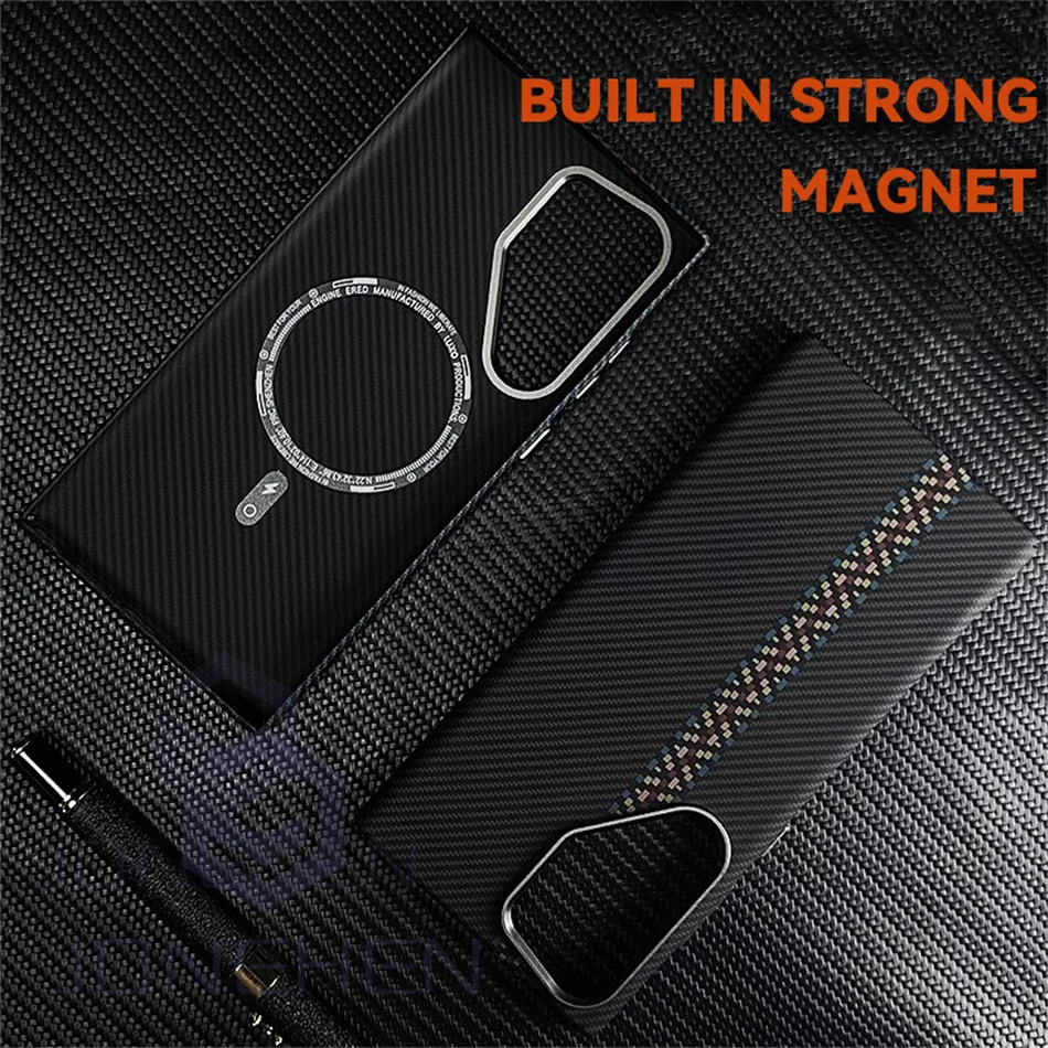 Color: army green, Material: leather - Carbon Fibre 3D Relief For MagSafe Case For Samsung Galaxy S24 Ultra S23 Plus Wireless Charge Hard PC Shockproof Magnetic Cover