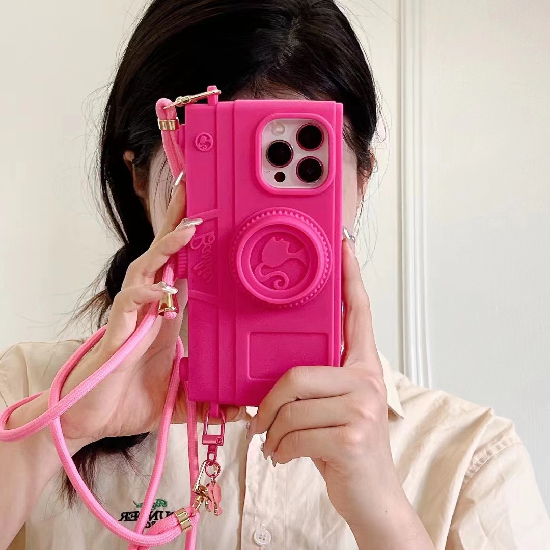 Material: Polyester, Color: Beige - Pink Camera Case For iPhone 15 14 13 12 11 Pro Max Kawaii Fashion Case Fashion Pendant Cute Girl