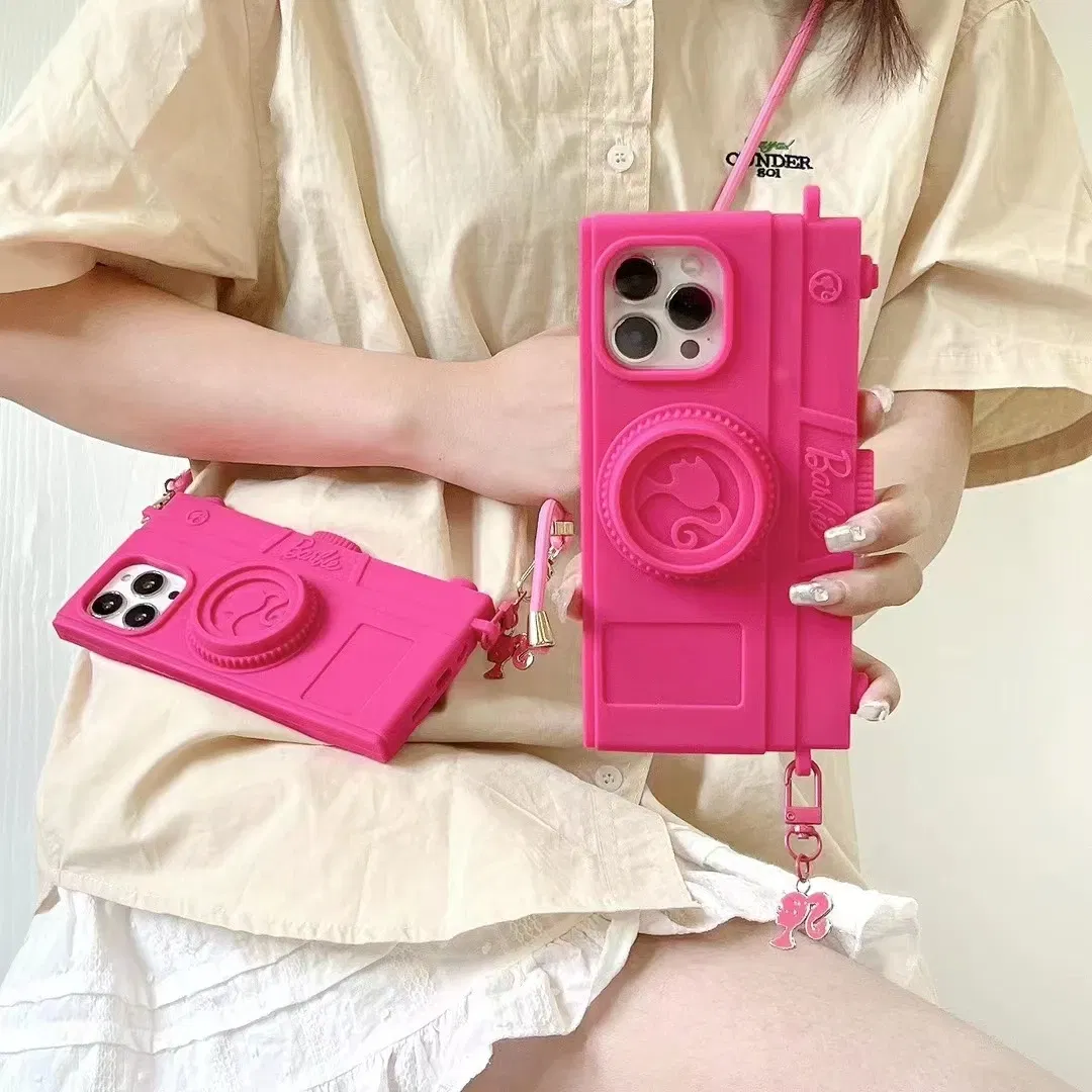 Material: Polyester, Color: Beige - Pink Camera Case For iPhone 15 14 13 12 11 Pro Max Kawaii Fashion Case Fashion Pendant Cute Girl