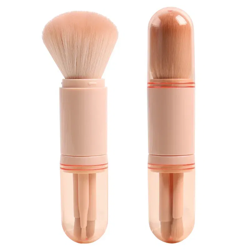Handle Color: Pink - 4pcs/set 4 In 1 Telescopic Makeup Brush Portable Travel Makeup Brushes Set Eyeshadow Loose Powder Mini Makeup Brush Beauty Tools
