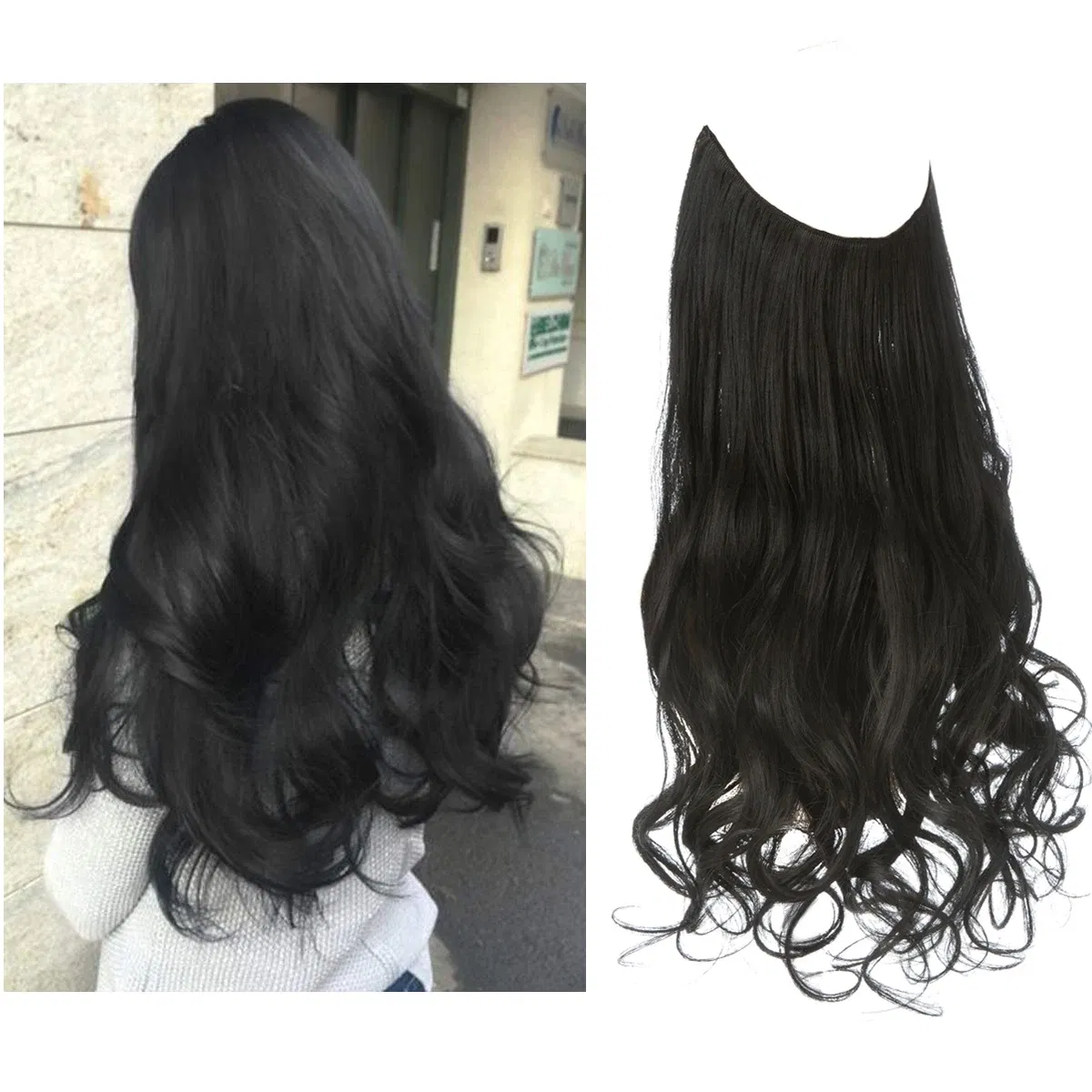 Color: Natural Color, Stretched Length: 22INCHES - Synthetic No Clip Wave Hair Extensions Ombre Natural Black Blonde Pink One Piece False Hairpiece Fish Line Fake Hair Piece