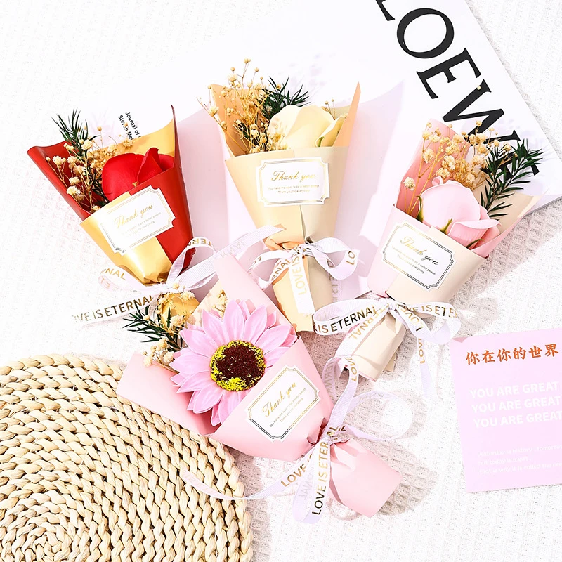 Color: Gold - Flower Bouquet Rose Sunflower Simulation Flower Creative Artificial Soap Flower Party Wedding Decoration Valentine's Day Gift