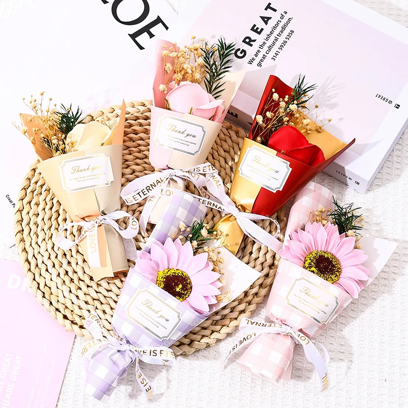 Color: Gold - Flower Bouquet Rose Sunflower Simulation Flower Creative Artificial Soap Flower Party Wedding Decoration Valentine's Day Gift