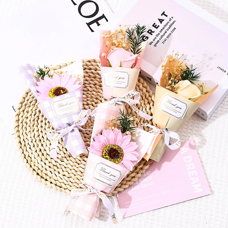 Color: Gold - Flower Bouquet Rose Sunflower Simulation Flower Creative Artificial Soap Flower Party Wedding Decoration Valentine's Day Gift